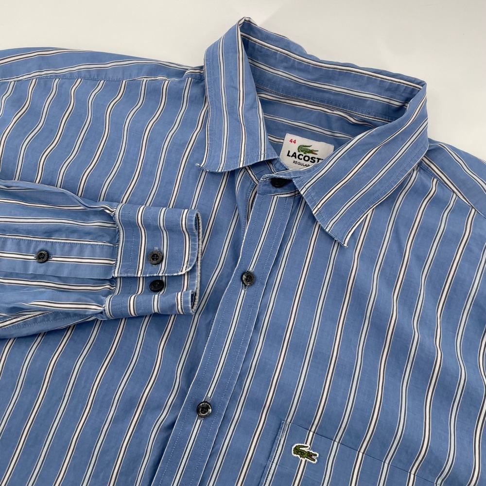 Lacoste Button Down Shirt Mens 44 Blue Striped Regular Fit Long Sleeve F5182